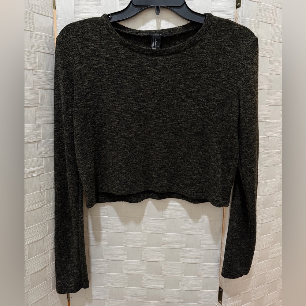 Forever 21 Dark Green Brown Long Sleeve Cropped Sweater